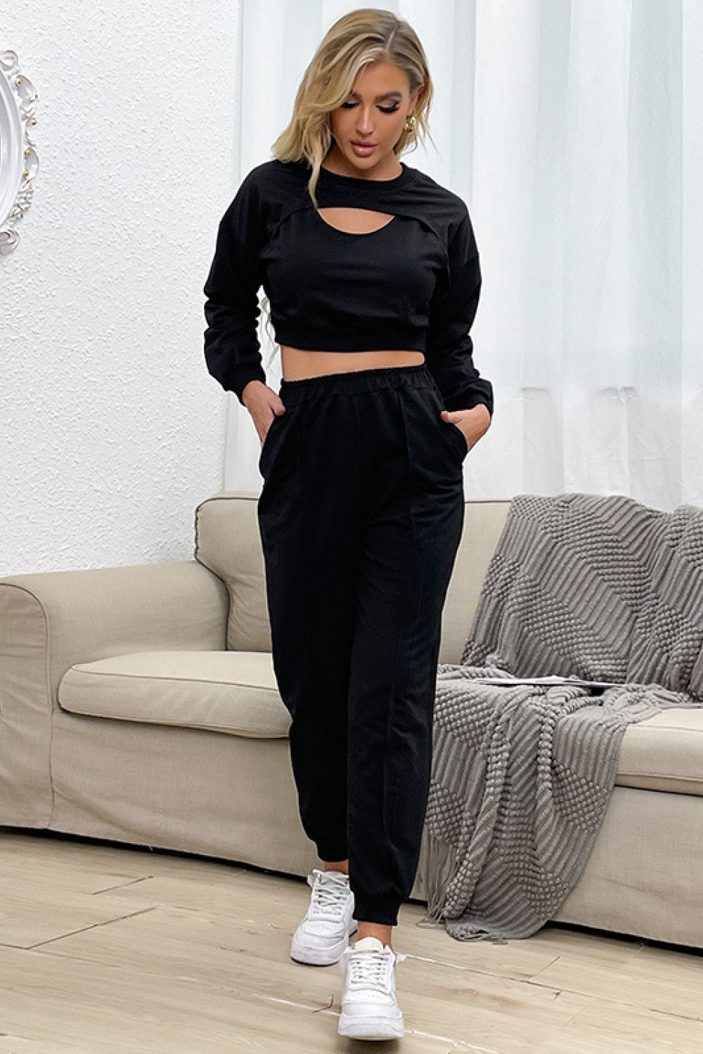 Cut Out Crop Top and Joggers Set - Outlets Forever