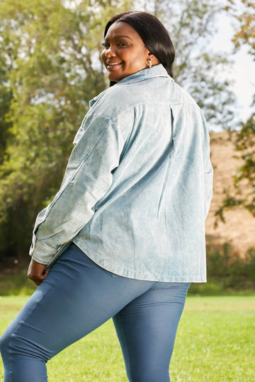 Zenana Corn Maze Full Size Vintage Washed Corduroy Shacket in Blue Grey