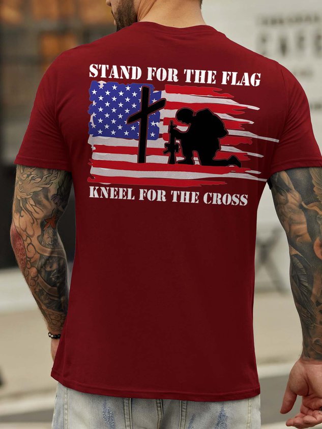 Men Stand For The Flag Kneel For The Cross Back Print Short Sleeve Cotton Blends Crew Neck Shirts & Tops - Outlets Forever