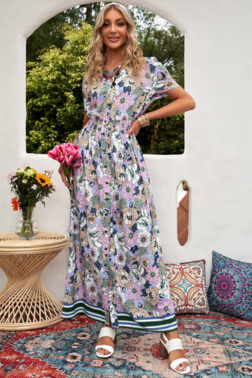 Floral Buttoned  Short Sleeve Maxi Dress