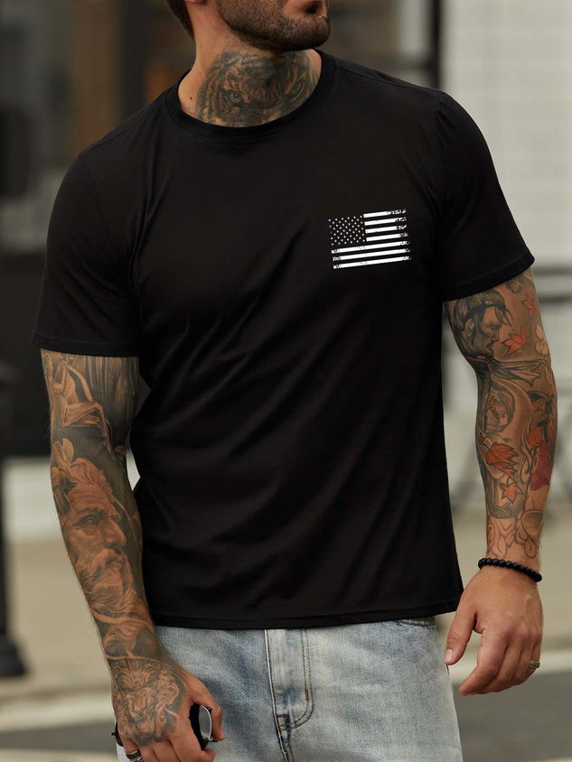 Men Stand For The Flag Kneel For The Cross Back Print Short Sleeve Cotton Blends Crew Neck Shirts & Tops - Outlets Forever