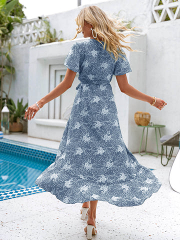 Floral Tie-Waist Ruffled Flutter Sleeve Dress