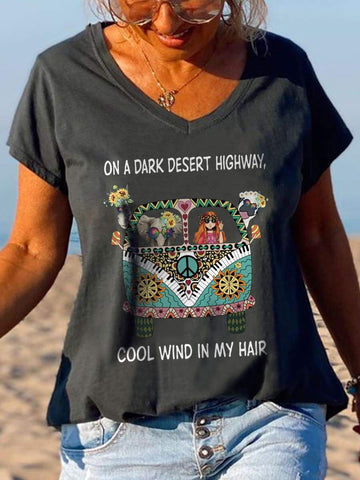 On A Dark Desert Highway Cool Wind In My Hair Hippie Print Tee - Outlets Forever