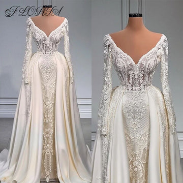 V Neck Wedding Dress with Detachable Train Beaded Lace Applique Celebrity Evening Party Gown