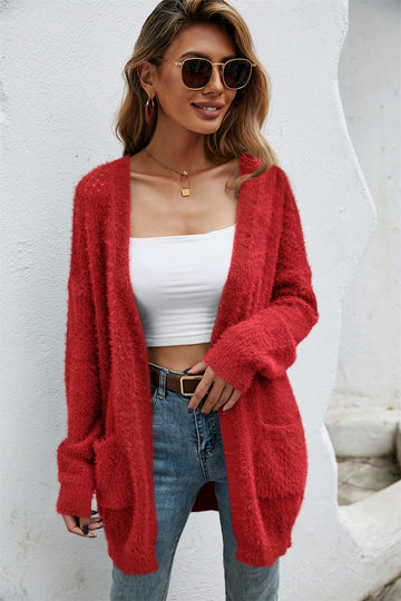 Open Front Openwork Fuzzy Cardigan with Pockets