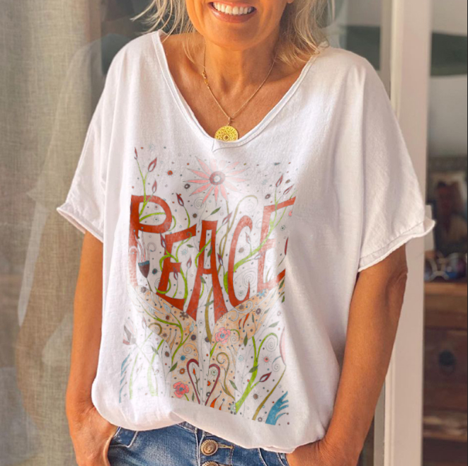 Peace Floral Printed Comfortable V-neck Graphic Tee - Outlets Forever