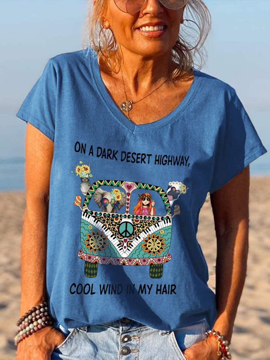 On A Dark Desert Highway Cool Wind In My Hair Hippie Print Tee - Outlets Forever