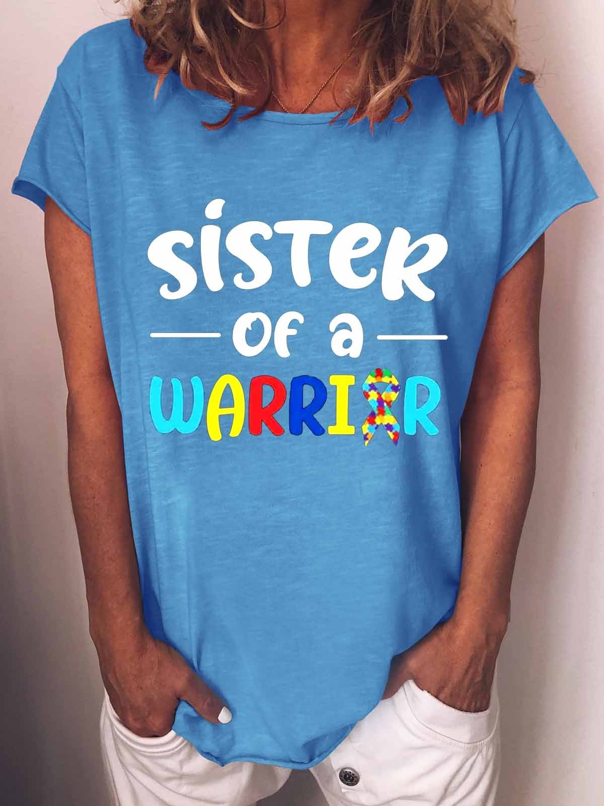 Women's Autism Family Sister Sister Of A Warrior Autism Awareness  T-Shirt - Outlets Forever