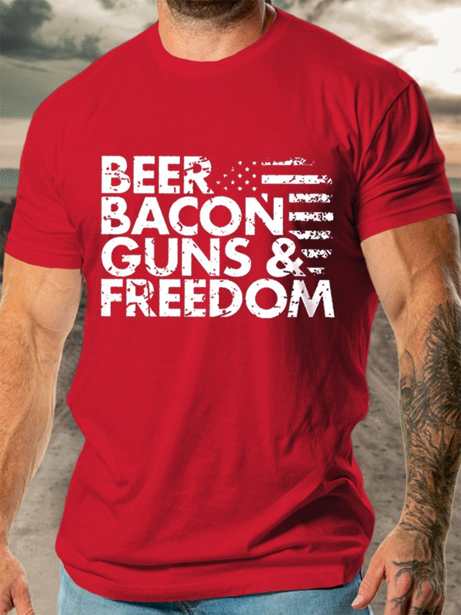 Men's Beer Bacon Guns And Freedom Beer Funny T-Shirt - Outlets Forever