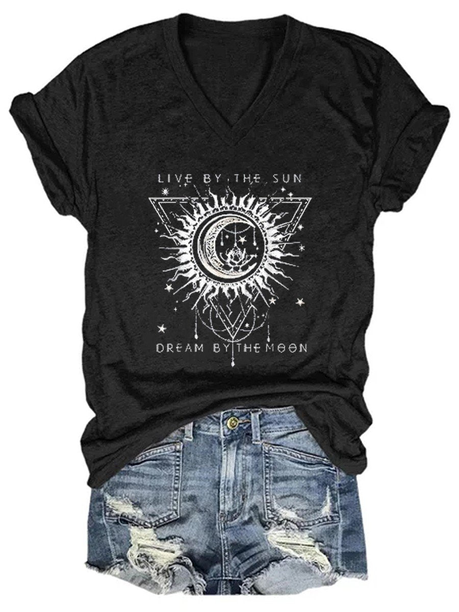 Women's Live By The Sun Dream By The Moon V-neck T-shirt - Outlets Forever