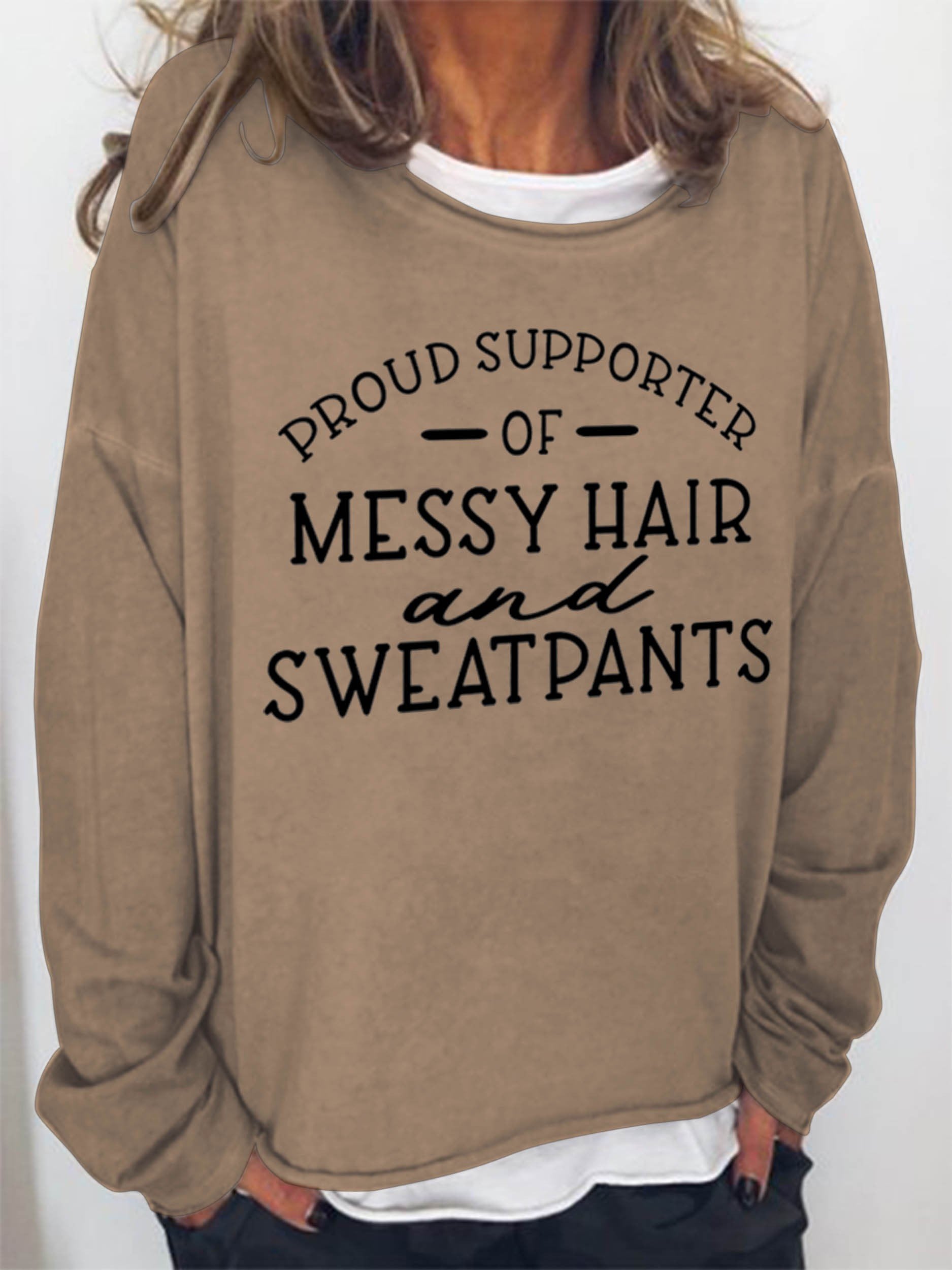 Women Proud Supporter Of Messy Hair & Sweatpants Long Sleeve Top - Outlets Forever