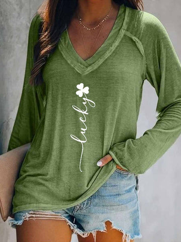 Women Lucky Clover St. Patrick's Day Long Sleeve V-Neck T-Shirt - Outlets Forever