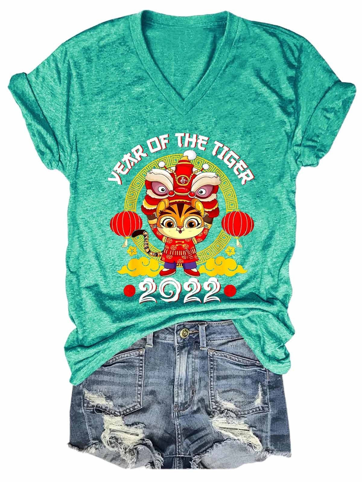 Women's NewYear 2022 Year of the Tiger Chinese NewYear V-Neck T-Shirt - Outlets Forever