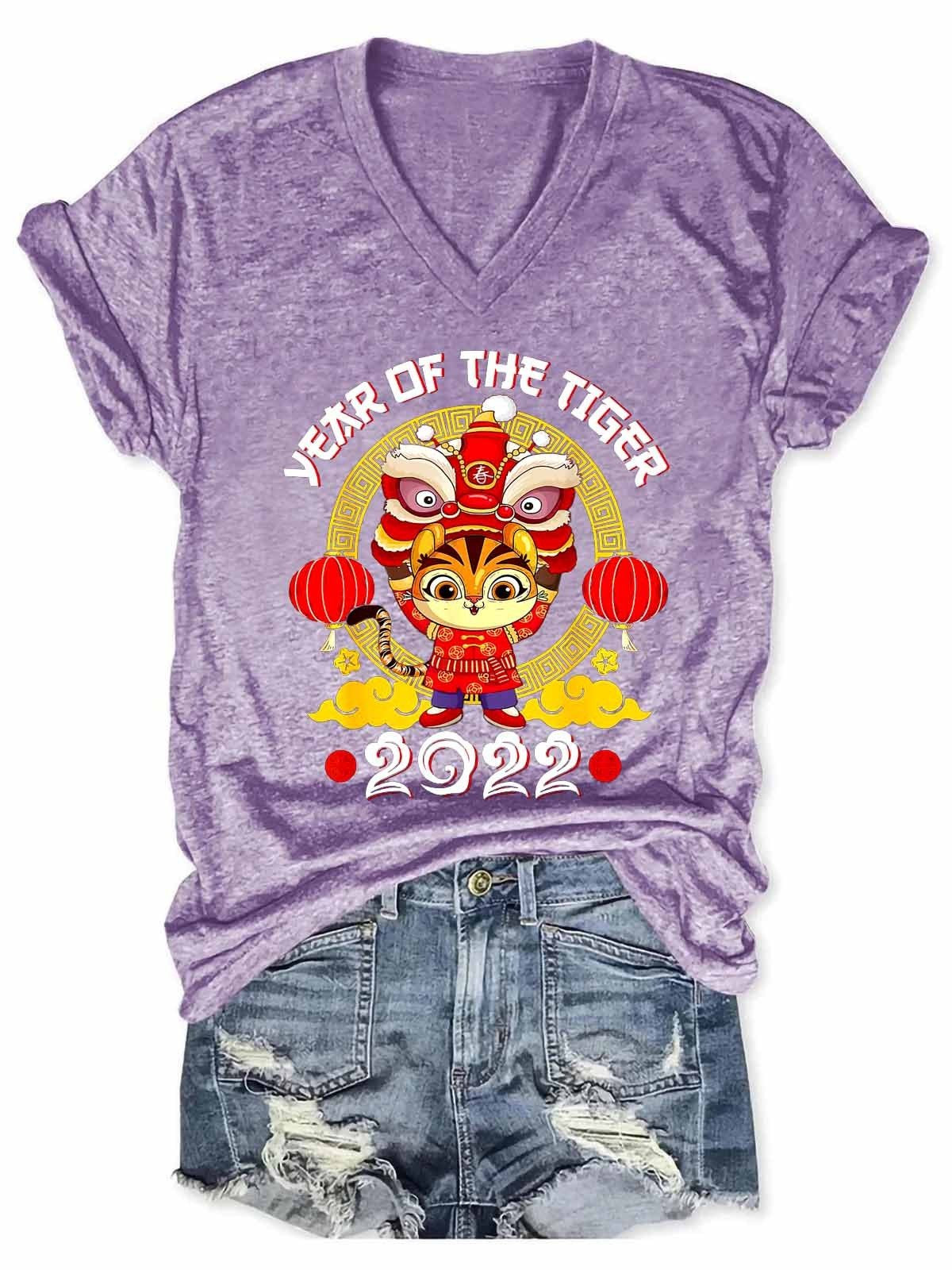 Women's NewYear 2022 Year of the Tiger Chinese NewYear V-Neck T-Shirt - Outlets Forever