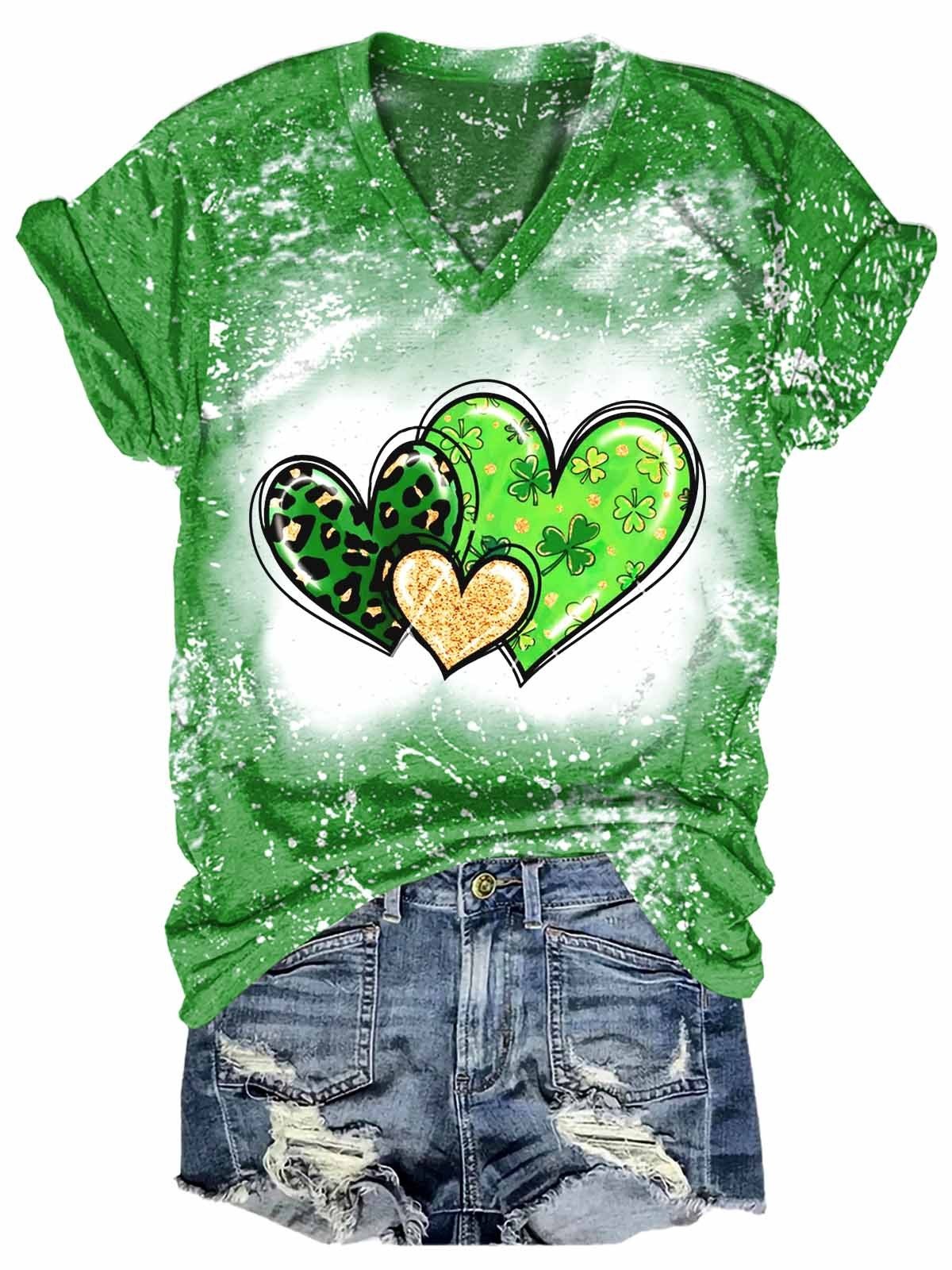 Women Clover Heart St. Patrick's Day V-Neck T-Shirt - Outlets Forever