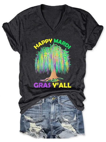 Women's Mardi Gras Tree Beads New Orleans Festival 2022 V-Neck T-Shirt - Outlets Forever