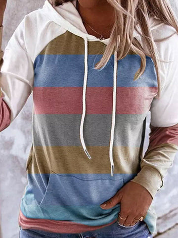 Striped Color Block Drawstring Kangaroo Pocket Hoodie