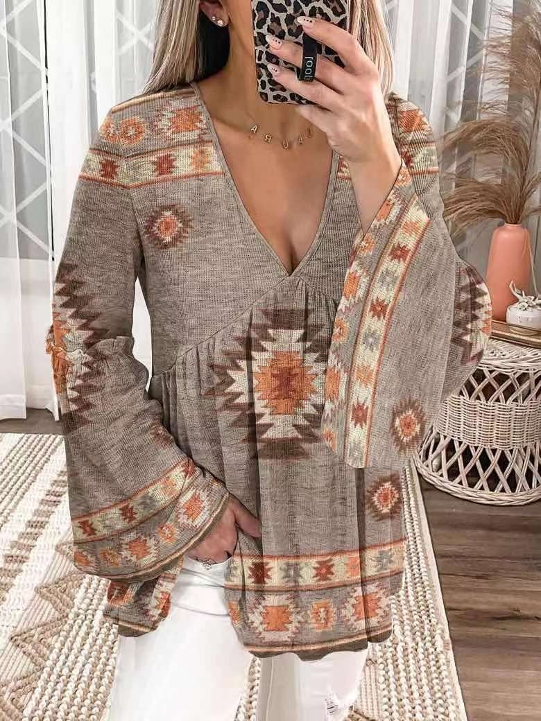 Women Western Style Print Long Sleeve Top - Outlets Forever