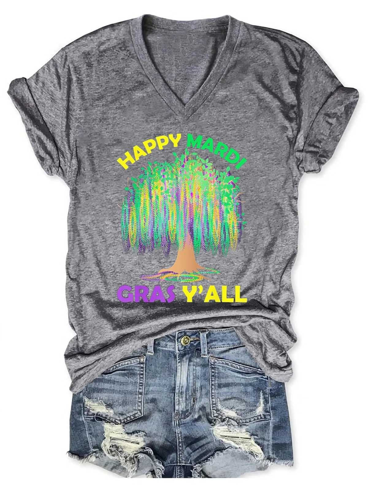 Women's Mardi Gras Tree Beads New Orleans Festival 2022 V-Neck T-Shirt - Outlets Forever