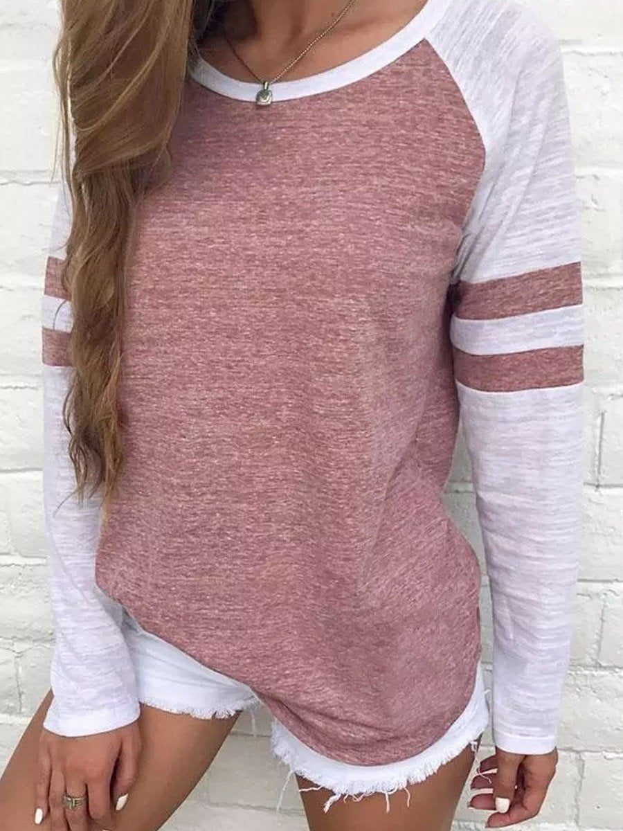 Striped Splicing Baseball Long Sleeve T-Shirt - Outlets Forever