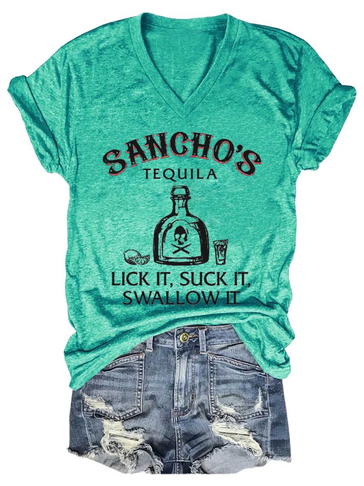 Women's Sancho's Tequila Lick It Suck It Swallow It V-Neck T-Shirt - Outlets Forever