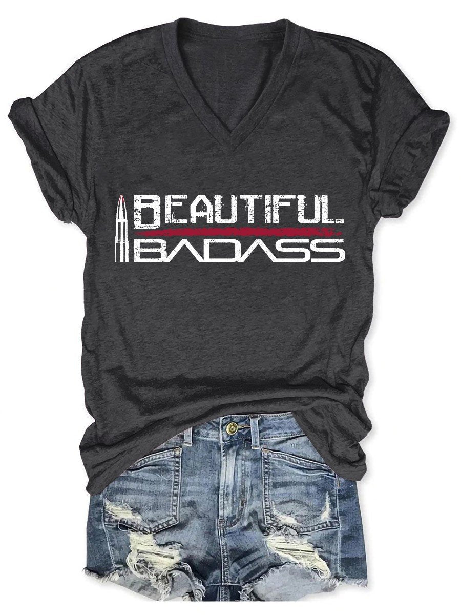 Women Beautiful Badass Funny V-Neck Tee - Outlets Forever