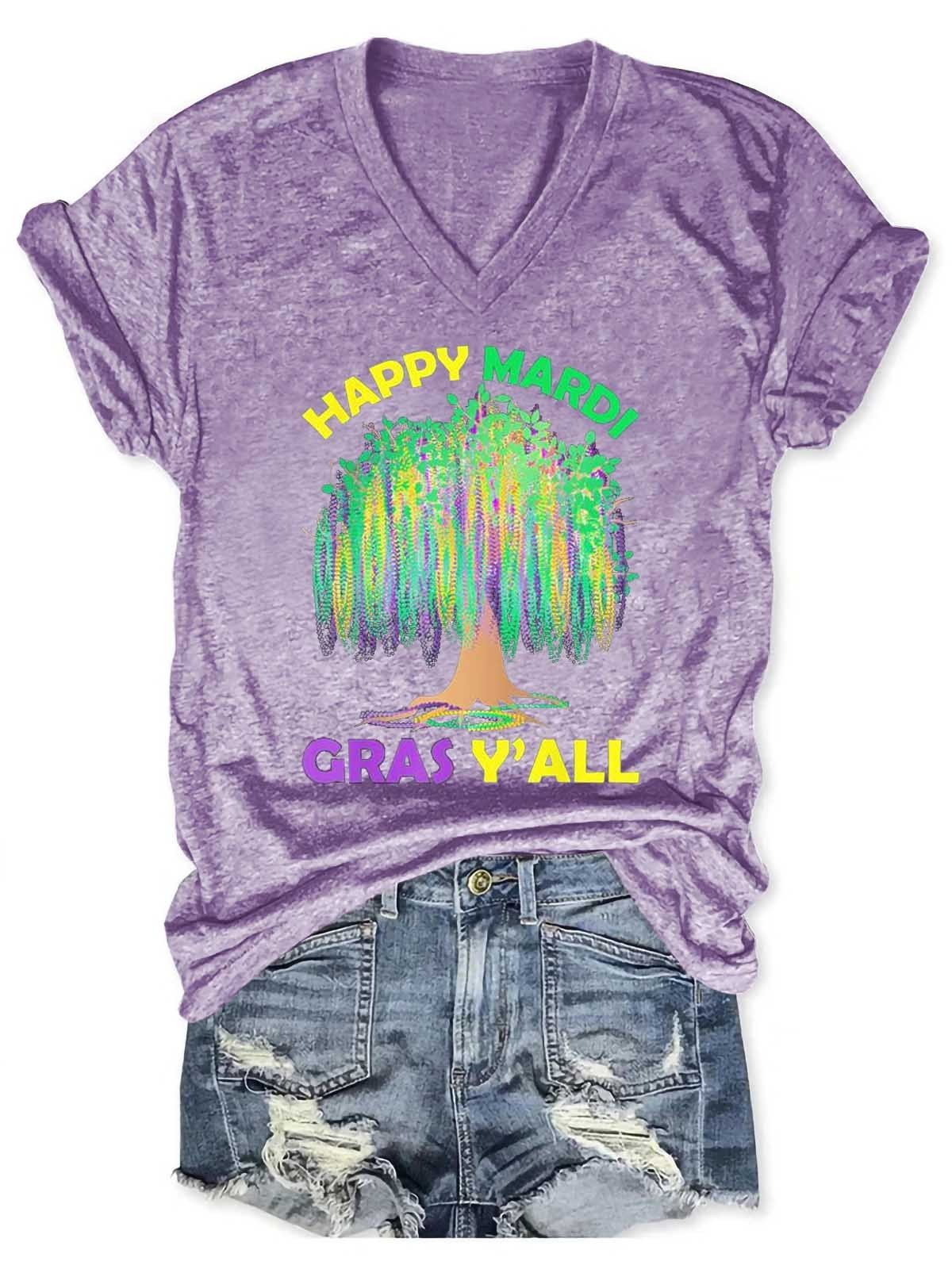 Women's Mardi Gras Tree Beads New Orleans Festival 2022 V-Neck T-Shirt - Outlets Forever