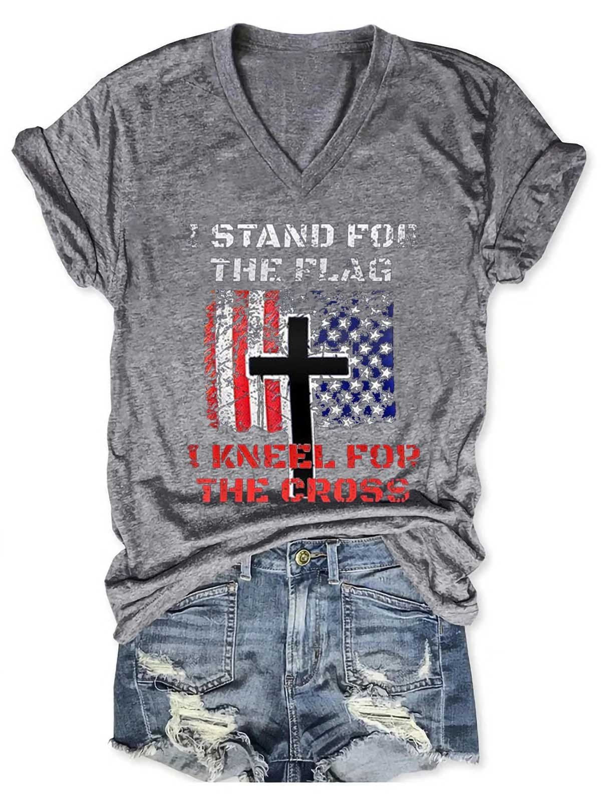 Women's I Stand For The Flag I Kneel For The Cross V-Neck T-Shirt - Outlets Forever