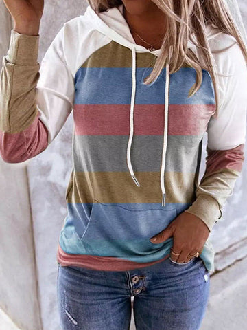 Striped Color Block Drawstring Kangaroo Pocket Hoodie