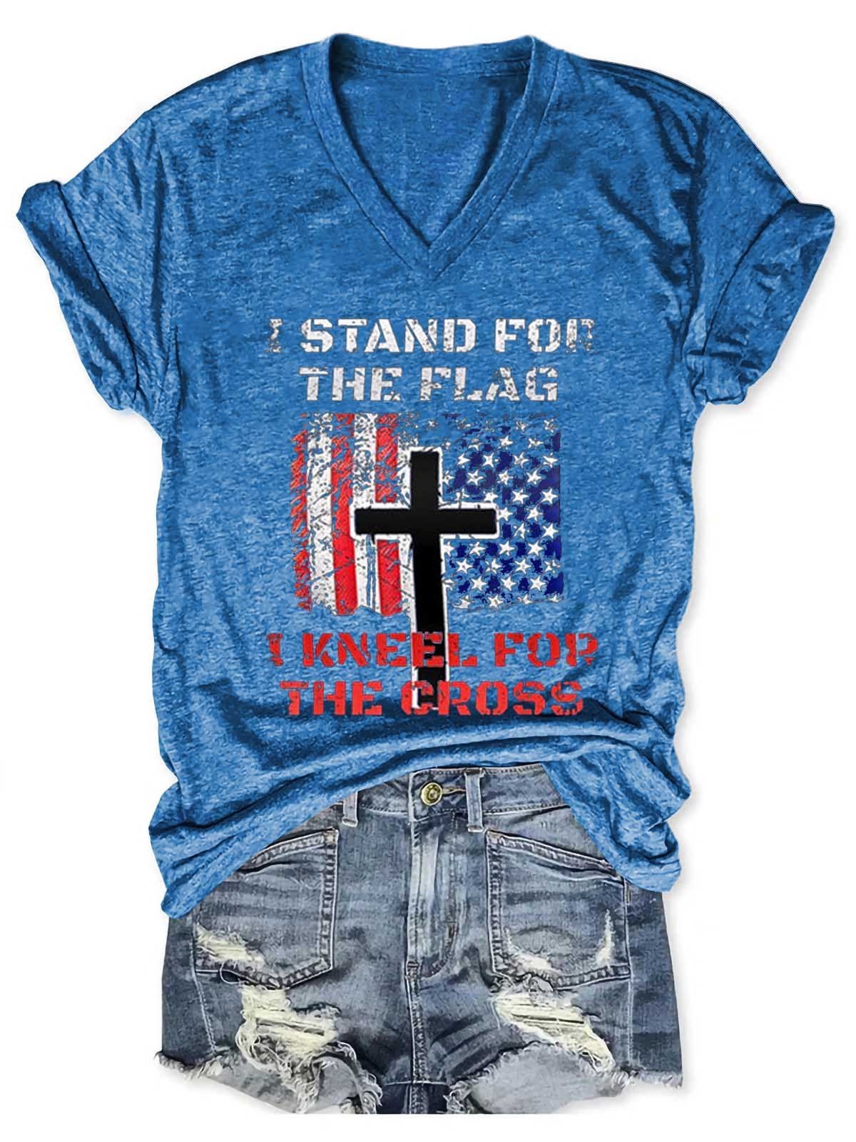 Women's I Stand For The Flag I Kneel For The Cross V-Neck T-Shirt - Outlets Forever