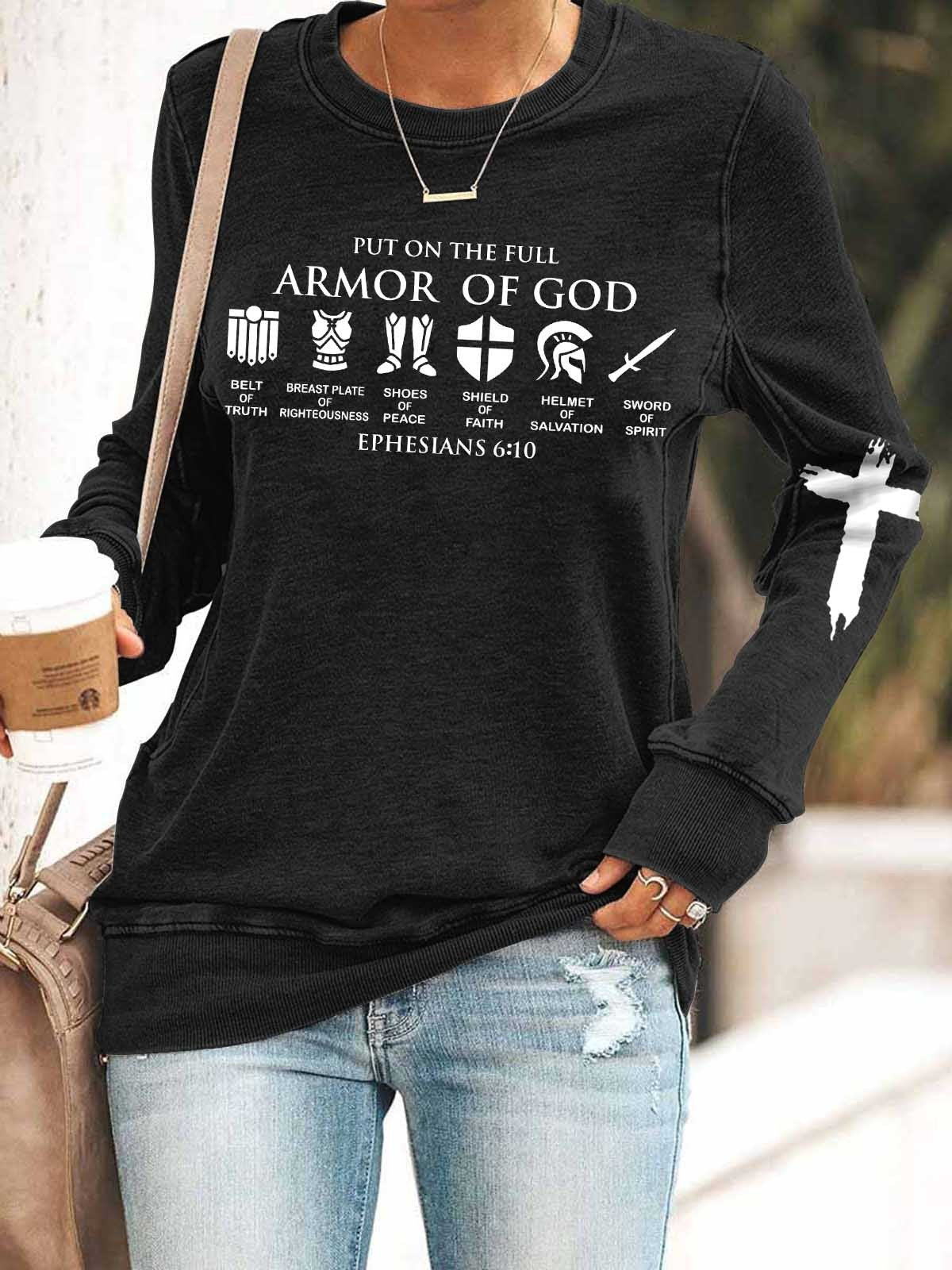 Women Put On The Full Armor Of God Print Long Sleeve Top - Outlets Forever