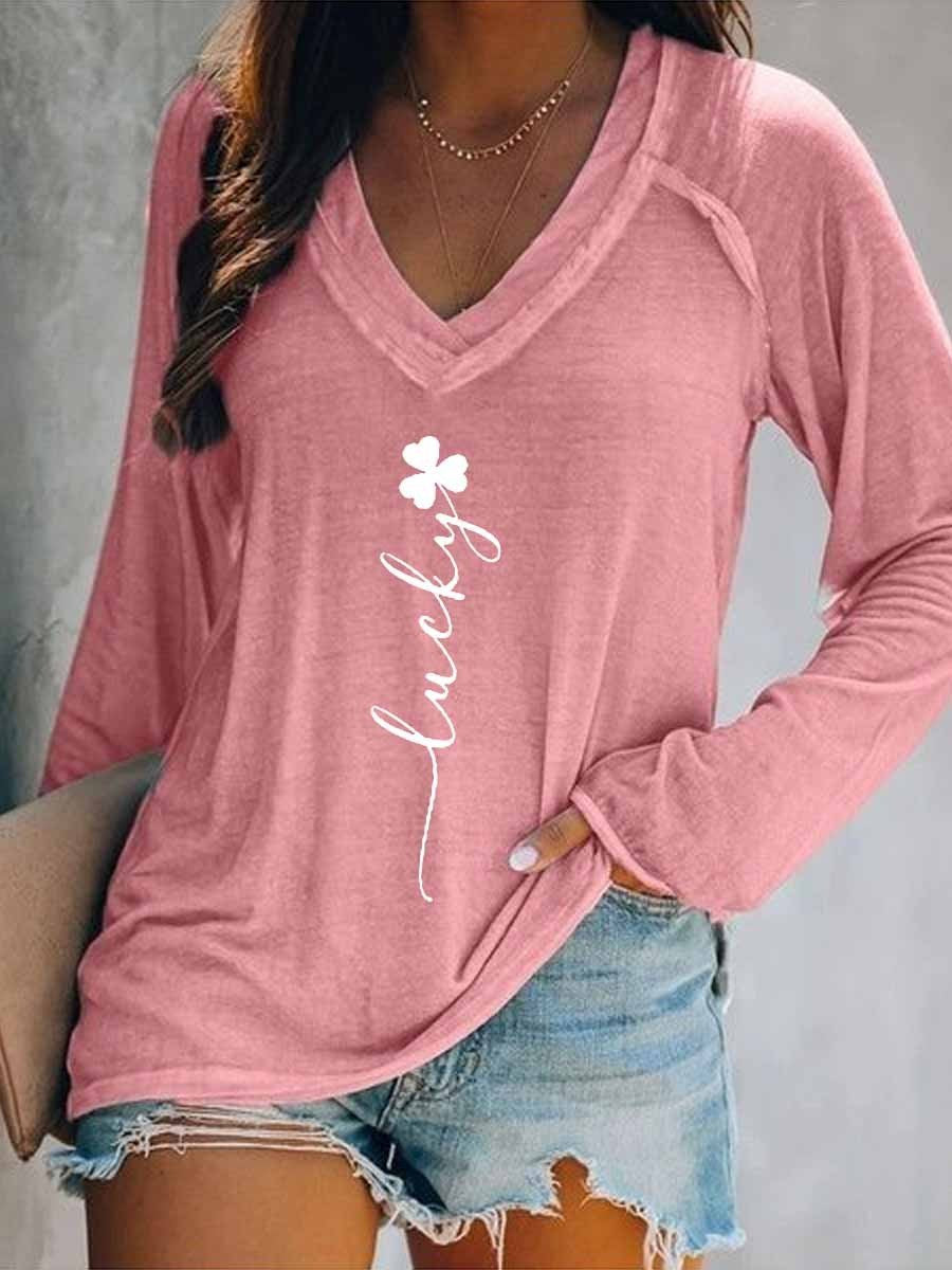 Women Lucky Clover St. Patrick's Day Long Sleeve V-Neck T-Shirt - Outlets Forever