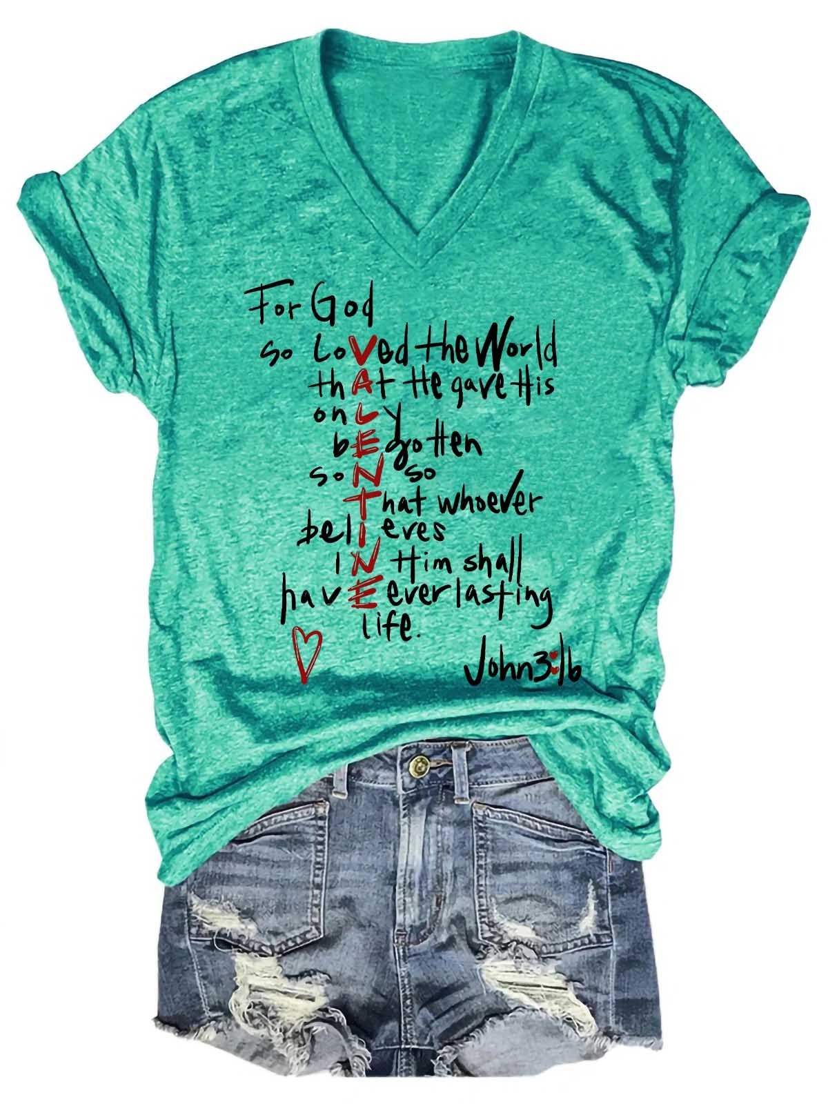 Women's For God So Loved Valentine V-Neck T-Shirt - Outlets Forever
