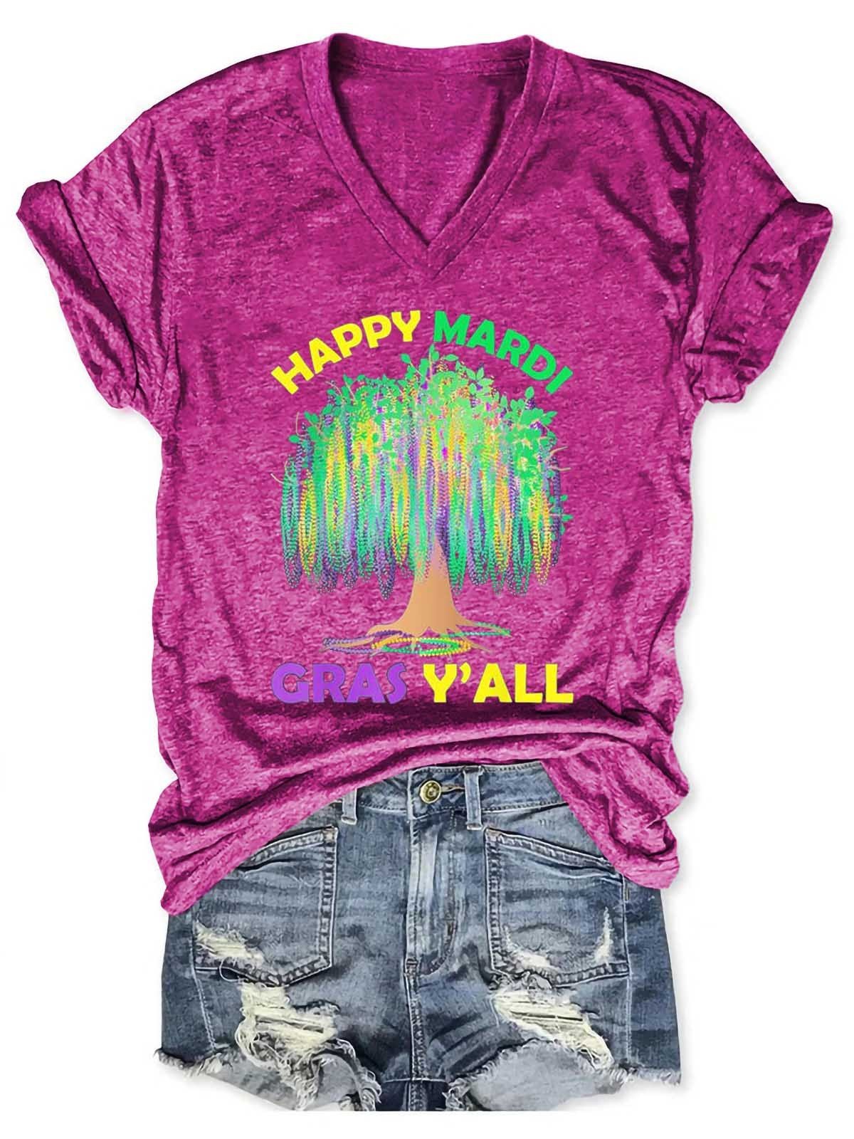 Women's Mardi Gras Tree Beads New Orleans Festival 2022 V-Neck T-Shirt - Outlets Forever