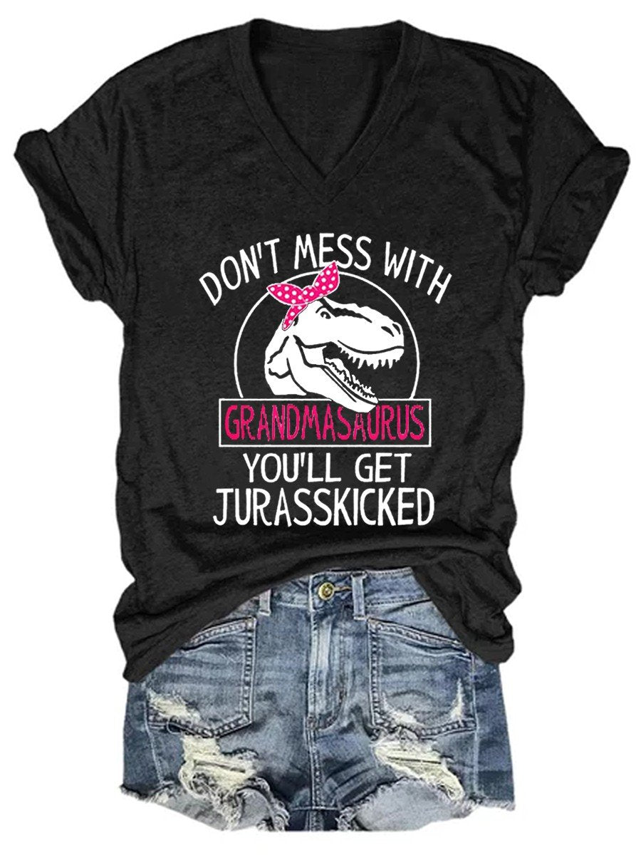 Women's Don't Mess With Grandasaurus You'll Get Jurasskicked V-neck Tee - Outlets Forever