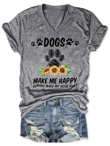 Dog Makes Me Happy Text Print Women's T-shirt - Outlets Forever