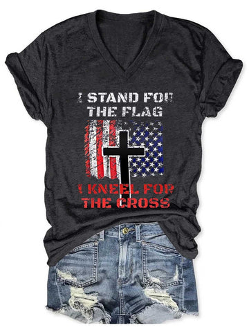 Women's I Stand For The Flag I Kneel For The Cross V-Neck T-Shirt - Outlets Forever