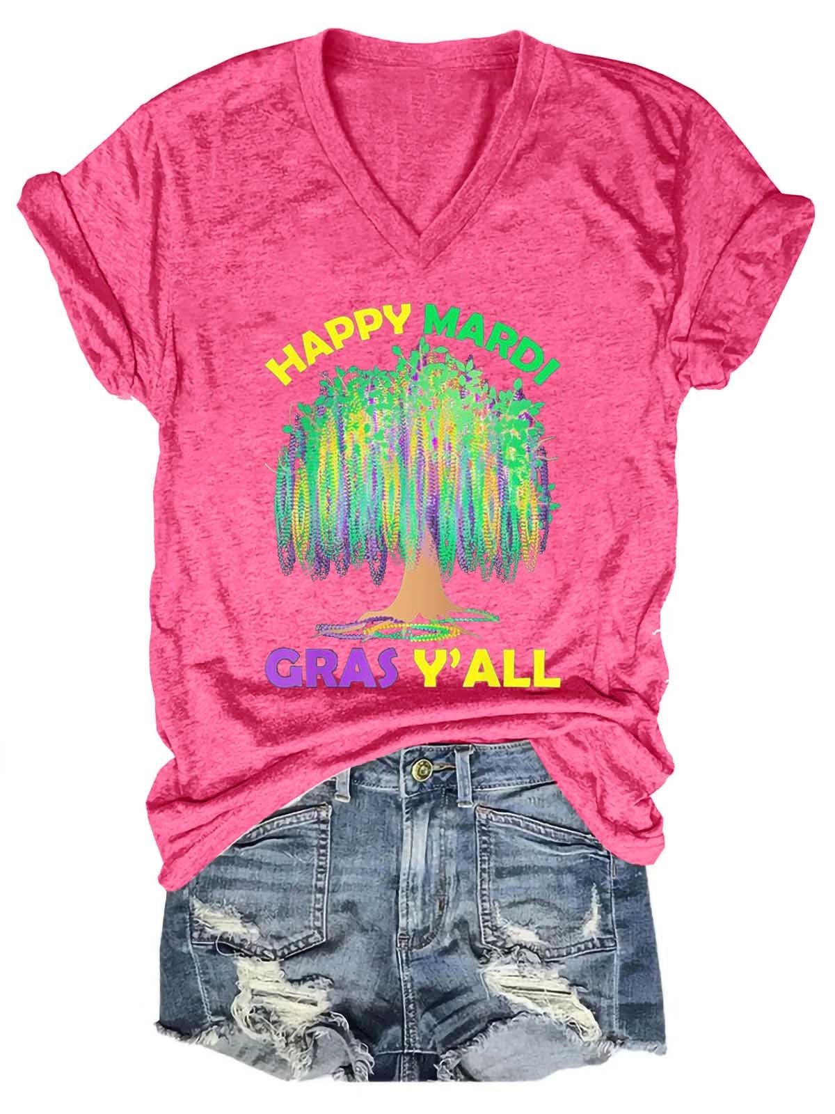 Women's Mardi Gras Tree Beads New Orleans Festival 2022 V-Neck T-Shirt - Outlets Forever