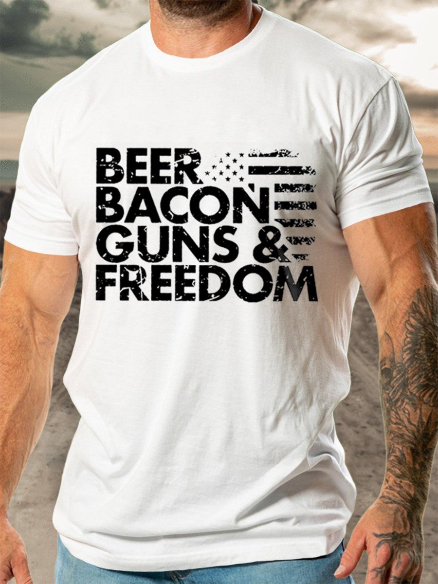 Men's Beer Bacon Guns And Freedom Beer Funny T-Shirt - Outlets Forever