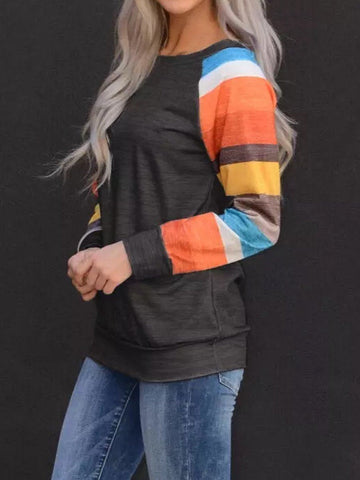 Color Block Striped O-Neck Long Sleeve T-Shirt