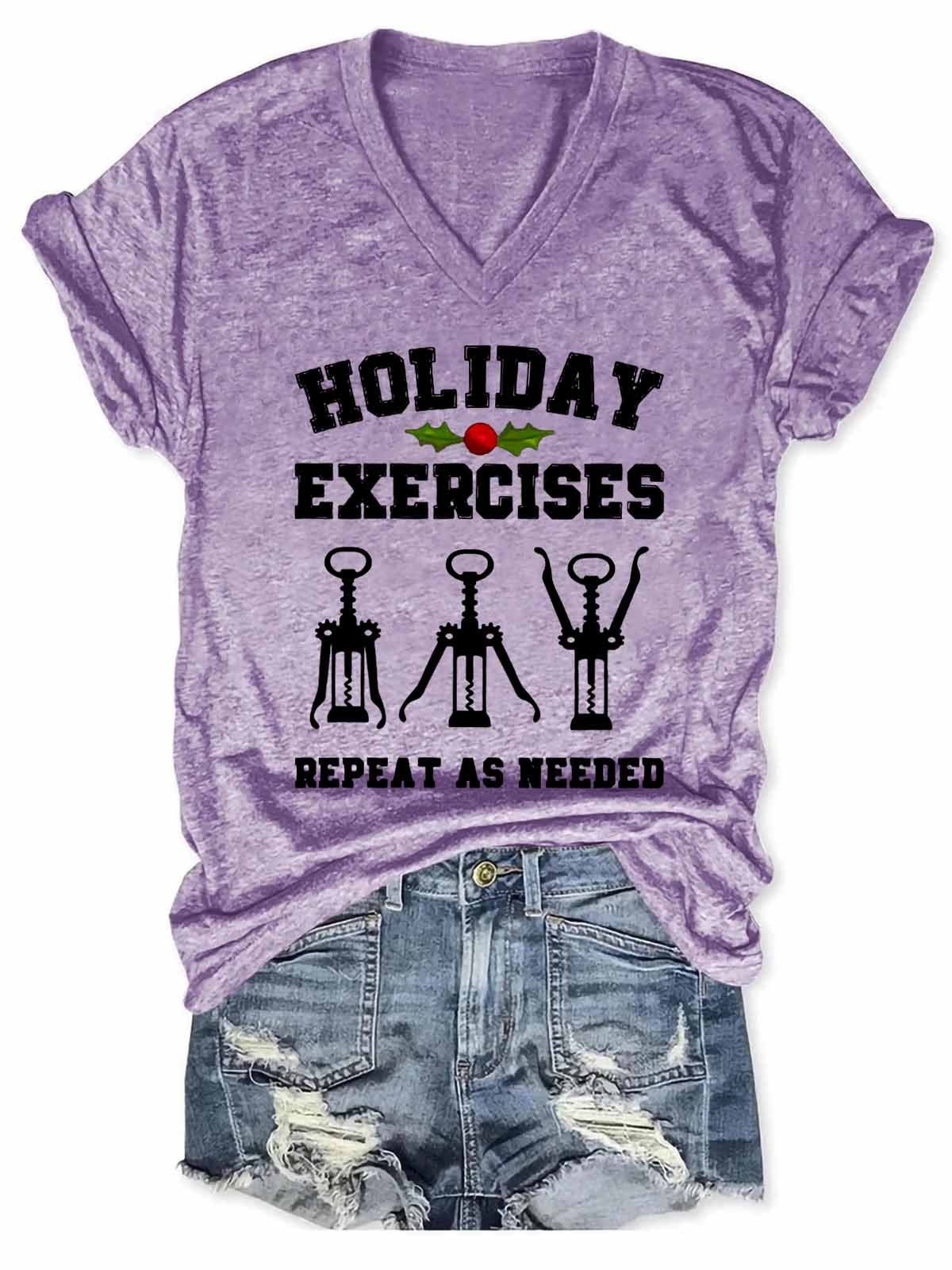 Women's Drink Wine Holiday Exercises Repeat As Needed  V-Neck T-Shirt - Outlets Forever