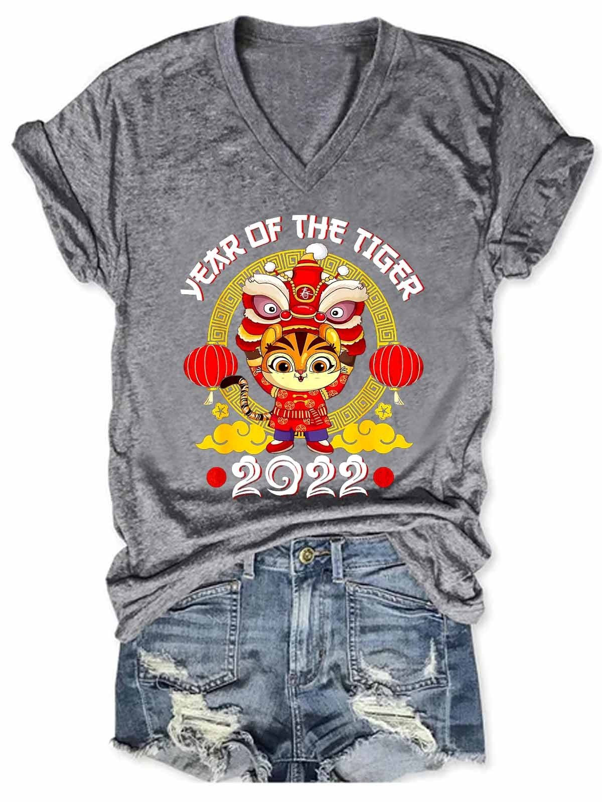 Women's NewYear 2022 Year of the Tiger Chinese NewYear V-Neck T-Shirt - Outlets Forever