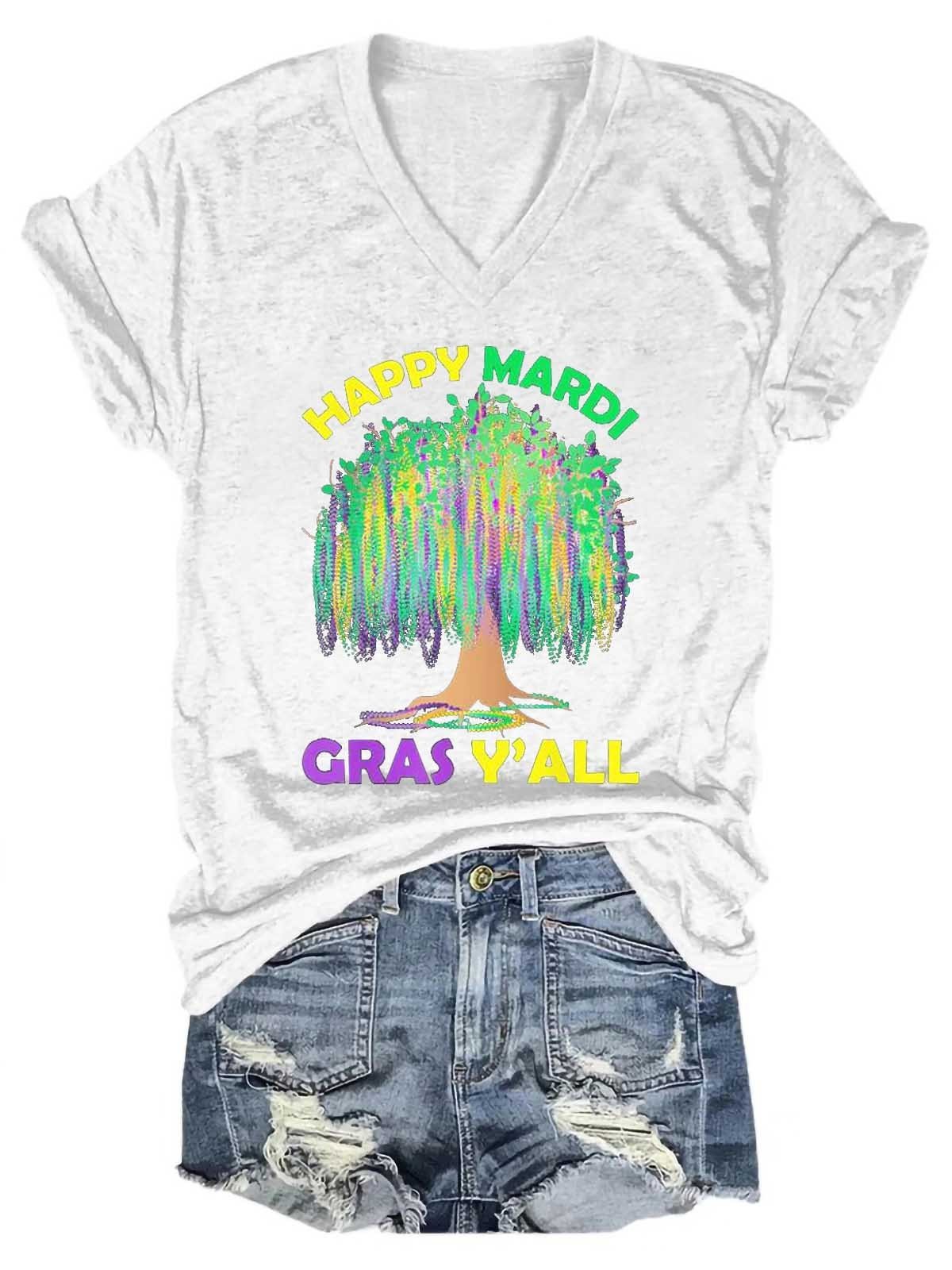 Women's Mardi Gras Tree Beads New Orleans Festival 2022 V-Neck T-Shirt - Outlets Forever