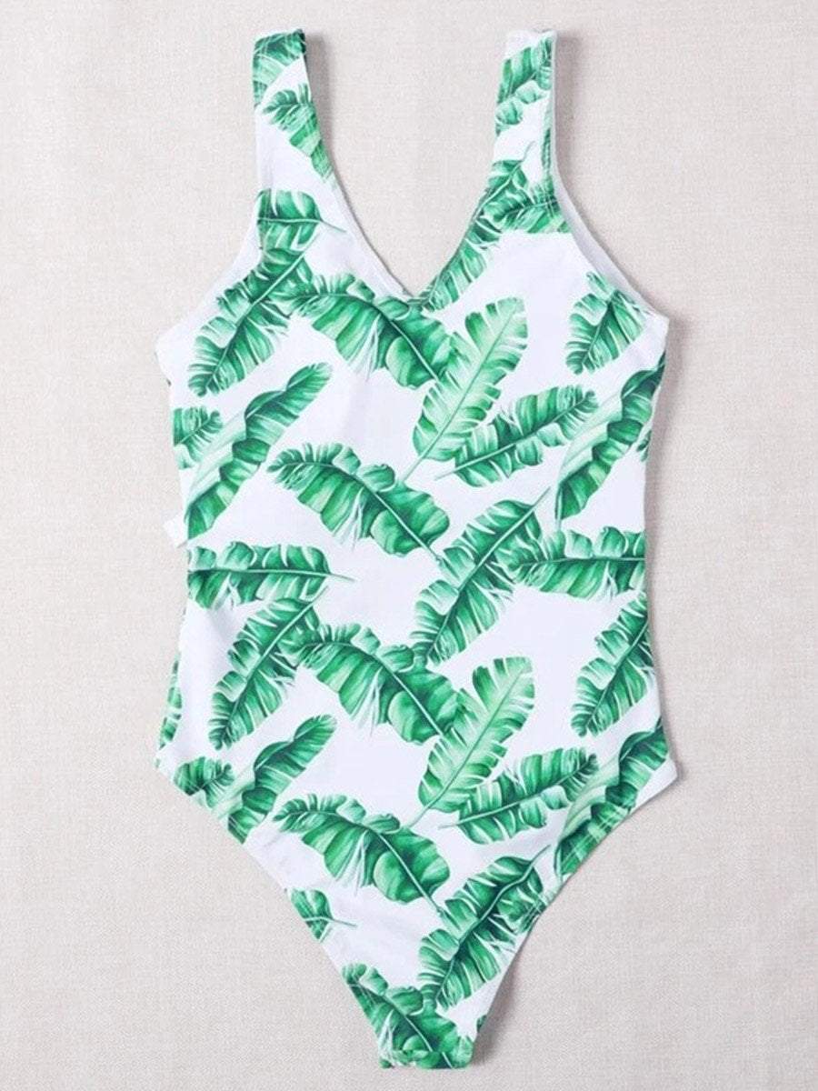 Women One Piece Tropical Plant Leaf Print Bathing Suit - Outlets Forever