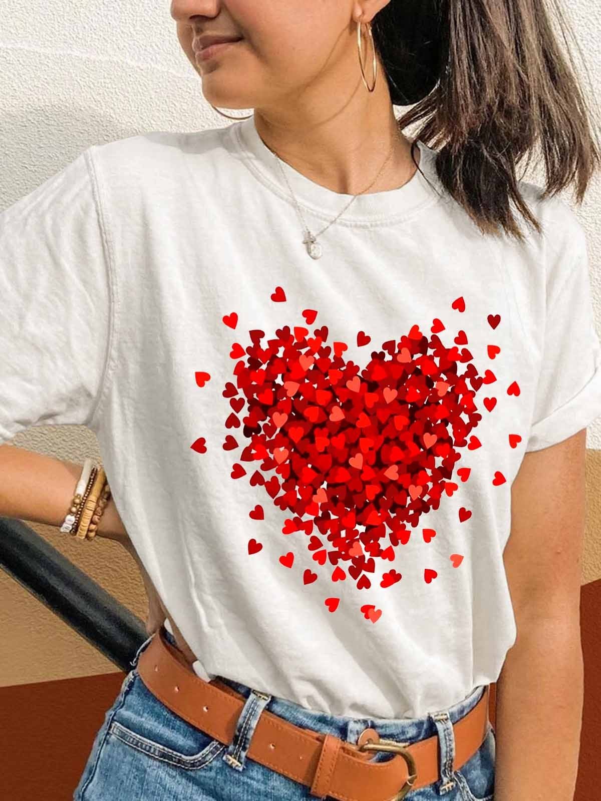Women's Valentine's Day Cute Heart Crew-Neck T-Shirt - Outlets Forever