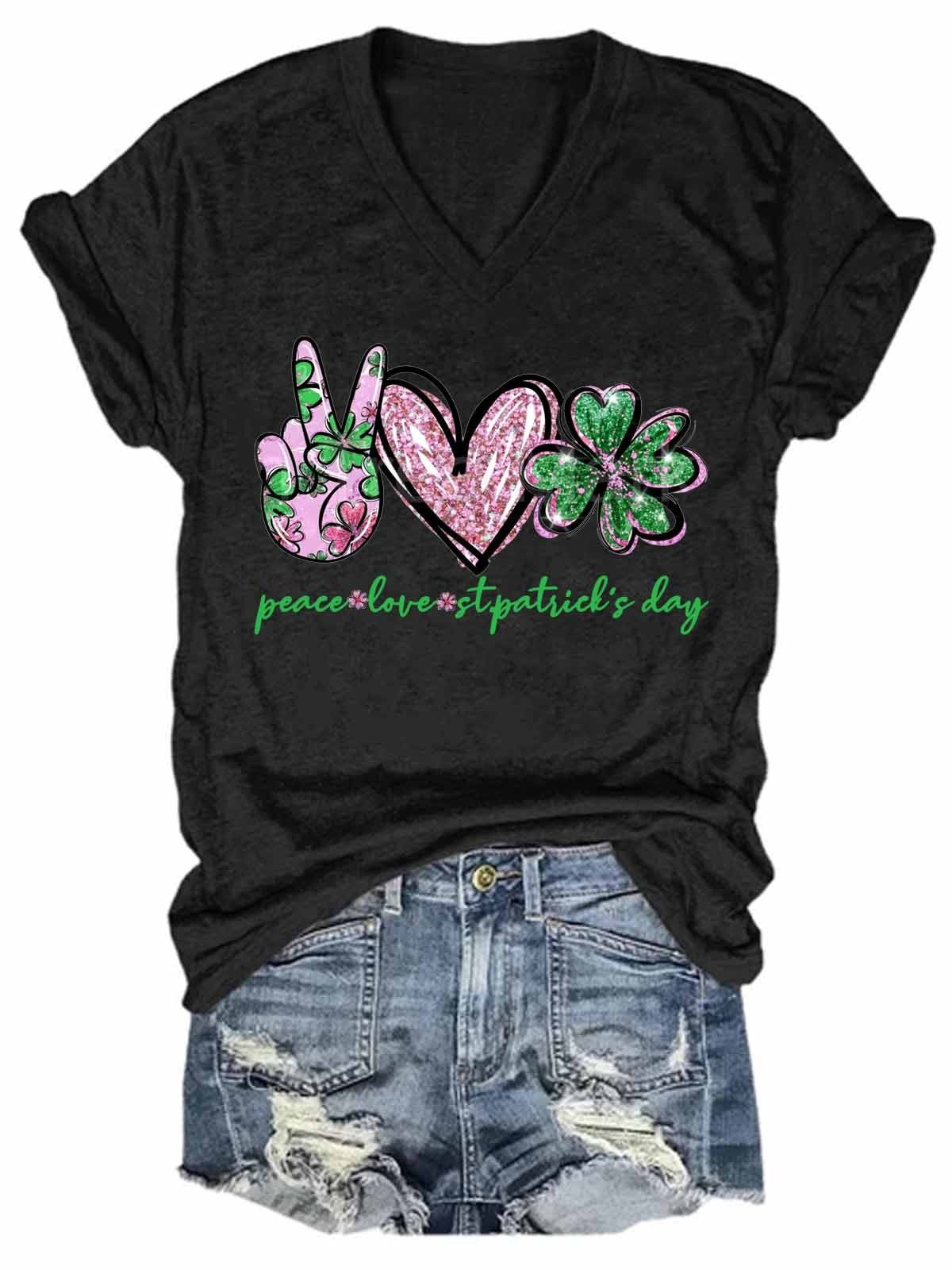Women Peace Love St. Patrick's Day Bleached V-Neck T-Shirt - Outlets Forever