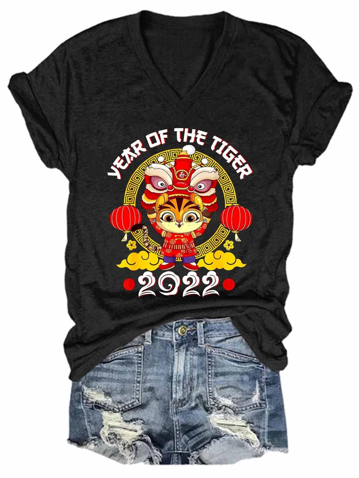 Women's NewYear 2022 Year of the Tiger Chinese NewYear V-Neck T-Shirt - Outlets Forever