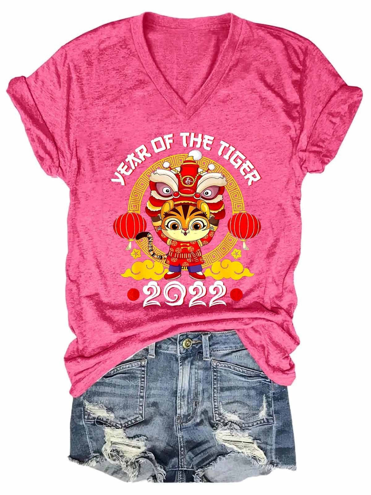 Women's NewYear 2022 Year of the Tiger Chinese NewYear V-Neck T-Shirt - Outlets Forever