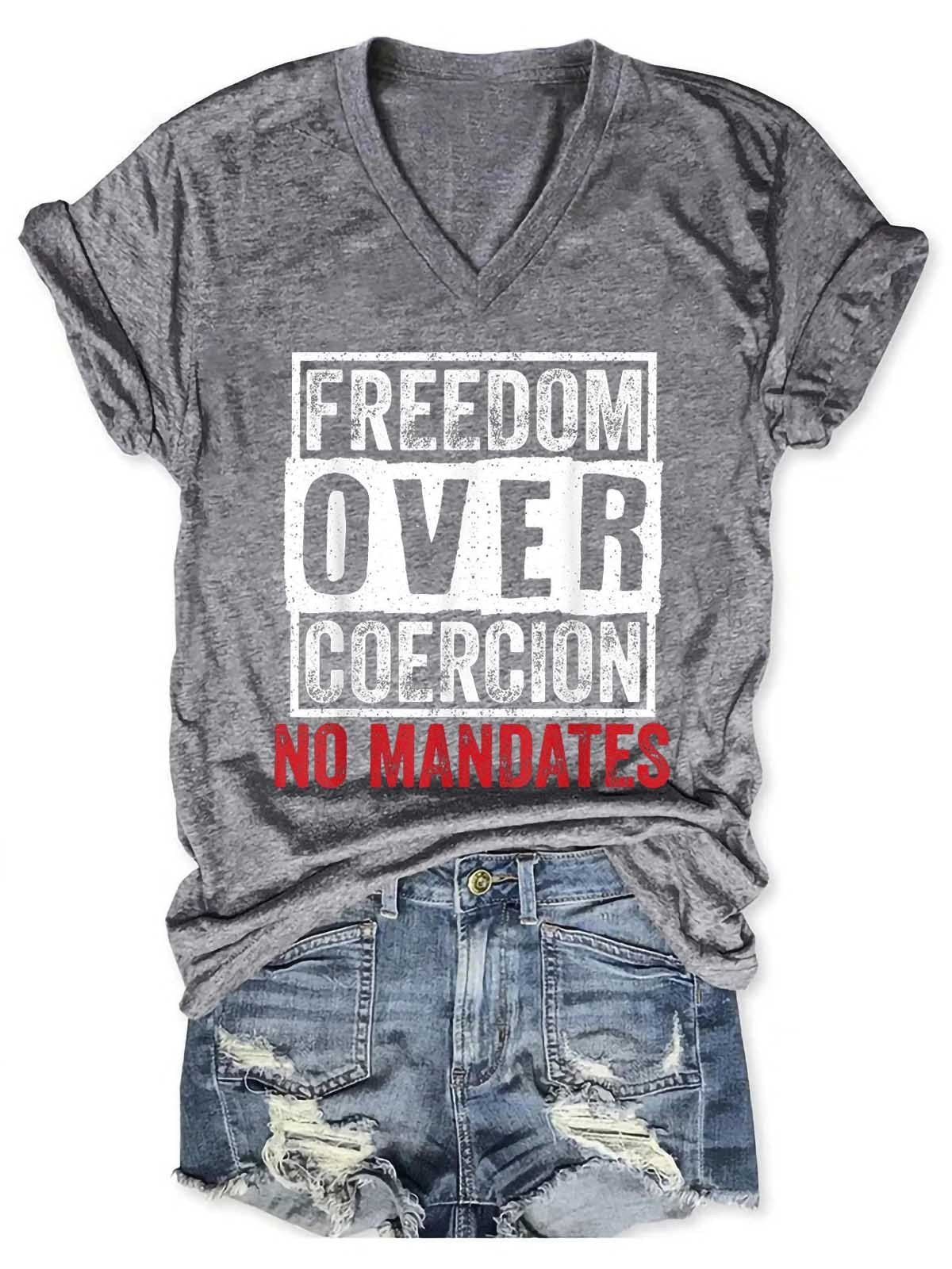 Women Freedom Over Coercion No Mandates No Vaccine Anti Vaccine V-Neck T-Shirt - Outlets Forever