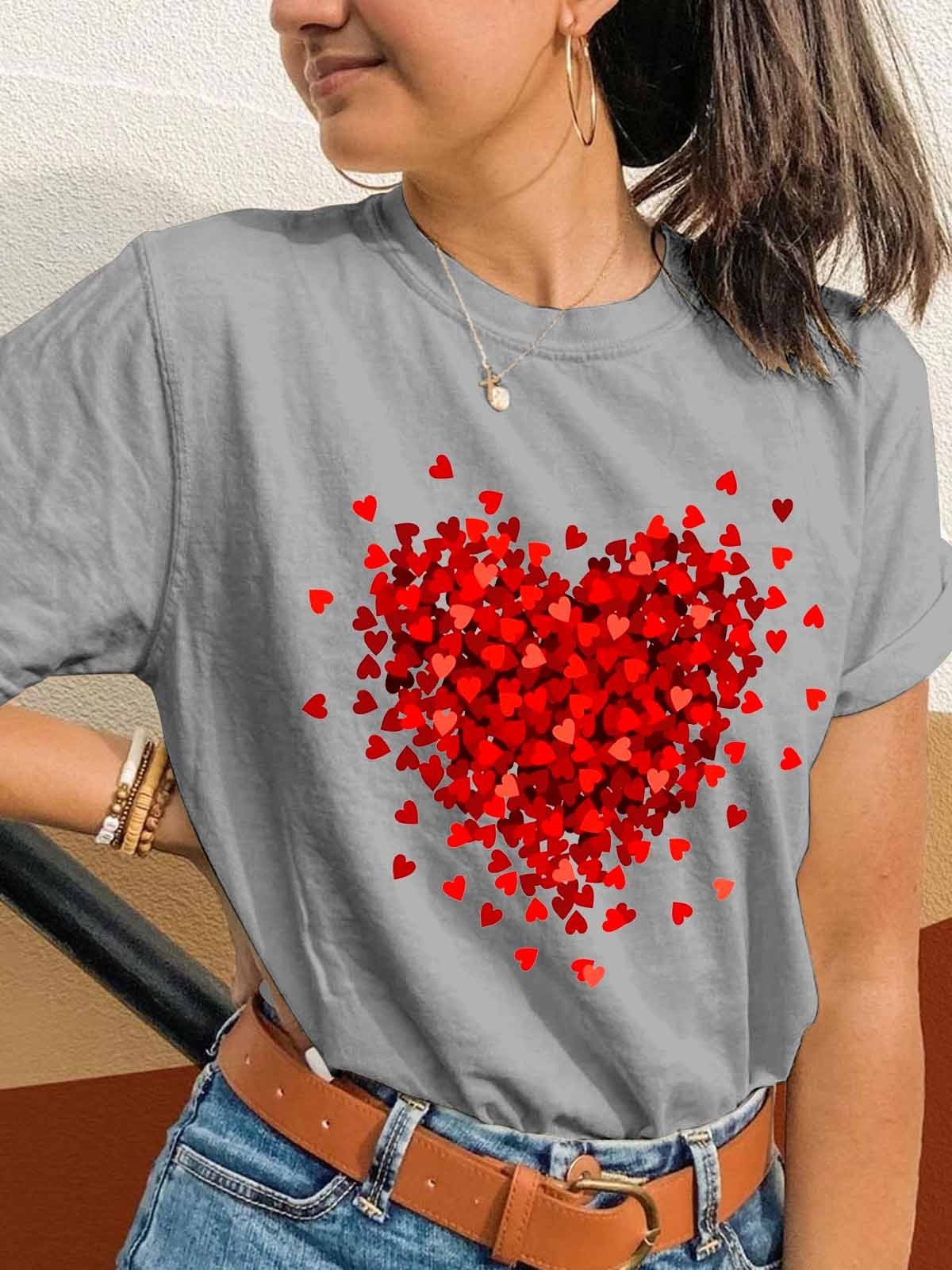 Women's Valentine's Day Cute Heart Crew-Neck T-Shirt - Outlets Forever